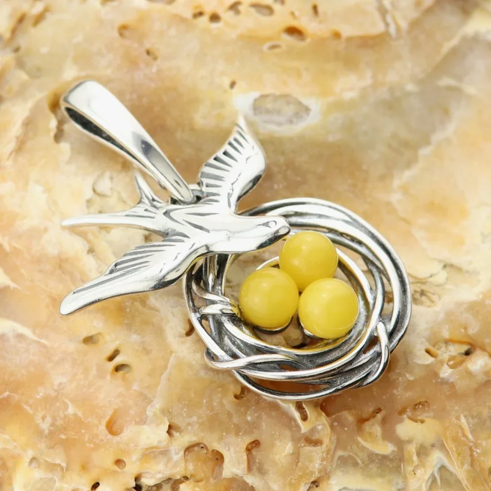 Very unique yellow amber pendant with all three parts moving, sterling silver - Picture 2 of 11